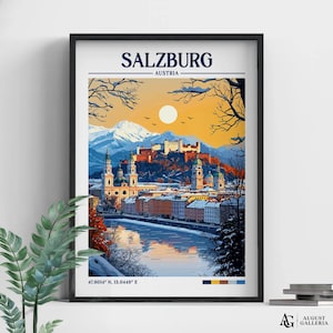 Salzburg Austria Retro Travel Print | Wall Art | Salzburg Travel Print | Framed Print | Canvas | Salzburg Poster | Illustration | Wanderlust