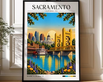 Sacramento Retro Travel Print | California Wall Art | Framed Print | Canvas | Sacramento Poster | Tower Bridge Illustration