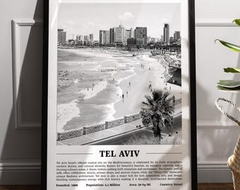May include: Black and white photograph of Tel Aviv, Israel. The image shows the city's skyline, beach, and palm trees. The text below the image reads "Tel Aviv", "Founded: 1909", "Population: 4.5 Million", "Area: 20 Sq/Mi", and "Country: Israel".