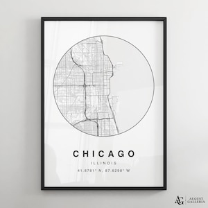 Minimalistische kaartafdruk Chicago | Moderne zwart-witte poster stadsplattegrond | Muurkunst | Ingelijste afdrukken | Canvas | Chicago-poster | Kaart Chicago