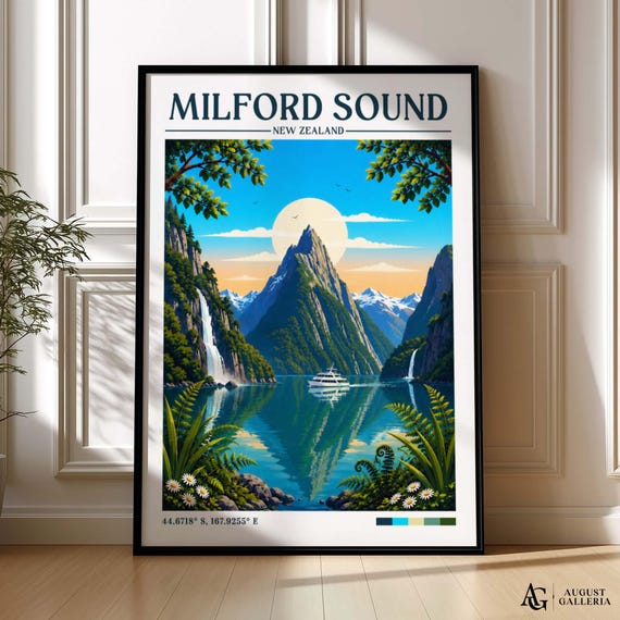 Milford Sound Retro Travel Print | New Zealand Poster | Wall Art