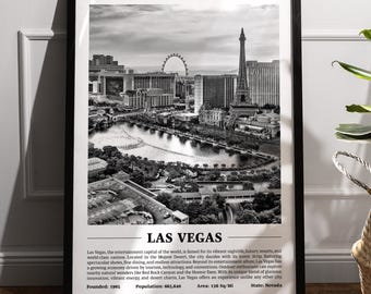 Puede incluir: Una fotografía en blanco y negro del horizonte de Las Vegas, que presenta el icónico Strip, la réplica de la Torre Eiffel y la noria de observación High Roller. El texto "LAS VEGAS" está impreso en negrita, letras blancas en la parte inferior de la imagen. El texto debajo dice: "Las Vegas, la capital del entretenimiento del mundo, es famosa por su vibrante vida nocturna, resorts de lujo y casinos de clase mundial. Ubicada en el desierto de Mojave, la ciudad deslumbra con su icónico Strip, que ofrece espectáculos espectaculares, restaurantes finos y atracciones infinitas. Más allá de su atractivo por el entretenimiento, Las Vegas tiene una economía en crecimiento impulsada por el turismo, la tecnología y las convenciones. Los entusiastas del aire libre pueden explorar maravillas naturales cercanas como Red Rock Canyon y la presa Hoover. Con su mezcla única de glamour, innovación, energía vibrante y encanto del desierto, Las Vegas ofrece una experiencia diferente a cualquier otra ciudad. Fundada: 1905 Población: 665,640 Área: 136 millas cuadradas Estado: Nevada"