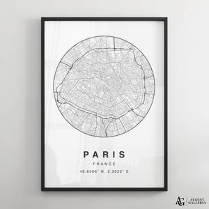 Impresión de mapa minimalista de París / Póster moderno de mapa de la ciudad en blanco y negro / Arte mural de París / Impresiones enmarcadas / Lienzo / Póster de París / Mapa de París