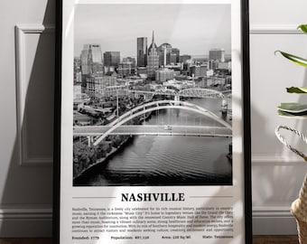 Nashville Black & White City Print | Modern City Poster | Nashville Wall Art | Framed Prints | Canvas | Nashville Poster | Nashville Prints