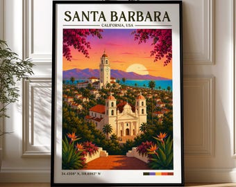 May include: A framed travel poster titled SANTA BARBARA CALIFORNIA, USA. The illustration depicts a mission-style church with a clock tower, palm trees, and vibrant bougainvillea under a sunset sky. Coordinates 34.4208 N, 119.6982 W are printed below.