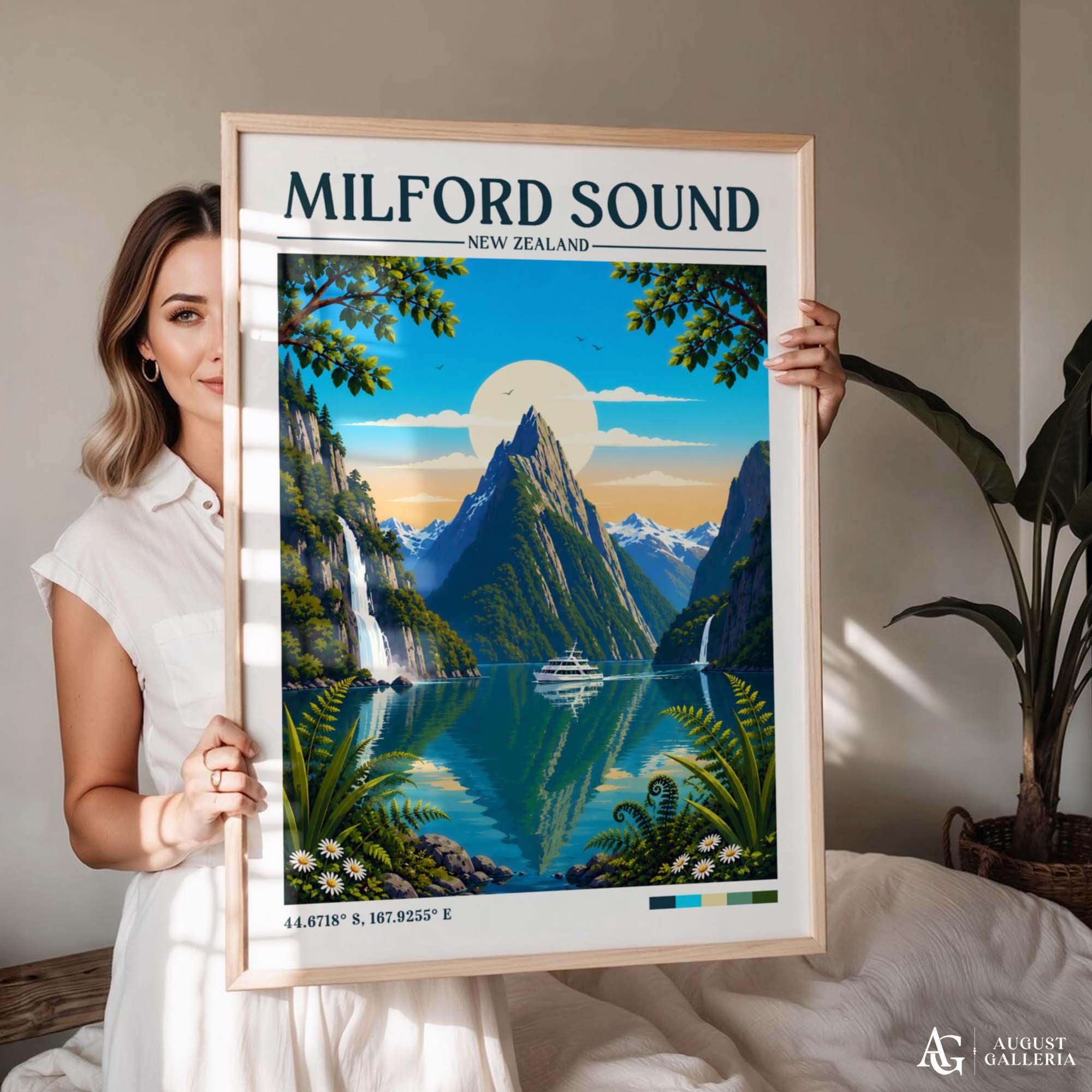 アート・デザイン・音楽 Travel & leisure graphics Milford Sound Retro Travel Print | New Zealand Poster | Wall Art