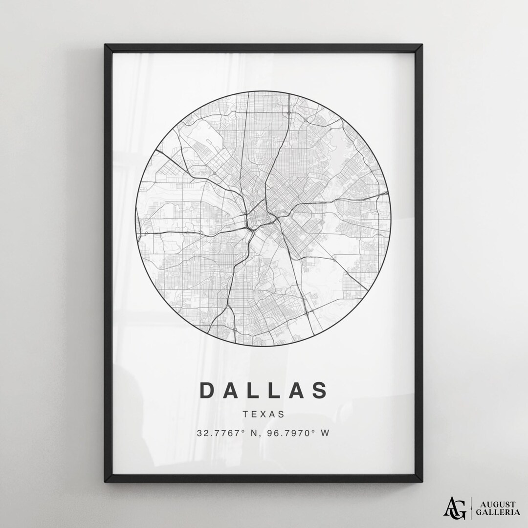Dallas Simple Color Map Dallas Minimalist Map Print | Modern Black & White City Map Poster ...