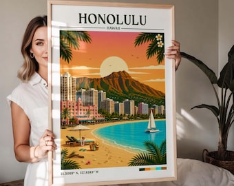 Honolulu Retro Travel Print | Hawaii Wall Art | Illustration