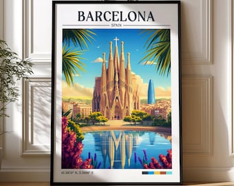 Barcelona Spanien Retro Reisedruck | Poster Wanderlust | Barcelona Wandkunst | Gerahmte Drucke | Keilrahmen | Poster von Barcelona | Barcelona Drucke