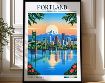 May include: A framed art print titled PORTLAND OREGON, USA featuring a stylised illustration of the St. Johns Bridge, a city skyline, and a snow-capped mountain under a sunset sky. The scene includes water reflections, pine branches, and red roses.