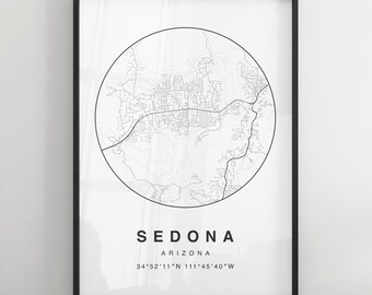 Minimalistiskt karttryck av Sedona | Modern svartvit stadskartaposter | Väggkonst av Sedona | Inramade tryck | Canvas | Sedona-affisch | Karta över Sedona