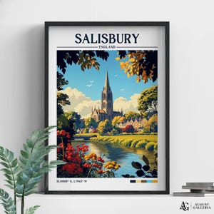 Salisbury England Retro Travel Print | Wall Art | Travel Print | Framed Print | Canvas | Salisbury  Poster | Illustration | Wanderlust