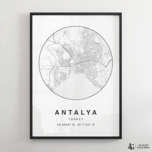 Anthrazit Minimalistische Karte | Moderne Stadt Karte Poster | Elegante Wandkunst | Gerahmte Drucke | Keilrahmen | Türkei Poster