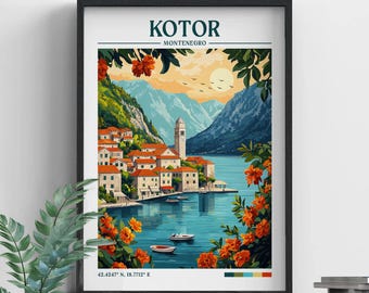 Kotor Montenegro Retro Travel Print | Wanderlust Posters | Kotor Illustration | Wall Art | Framed Prints | Canvas | Kotor Poster | Prints