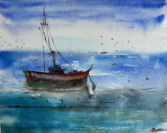 船と海の風景 水彩画 約27cm x 25cm 船水彩画 海 船と海の風景 水彩画 約27cm x 25cm 港の風景 風景画 船