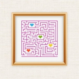 Schema per punto croce "Labirinto a forma di cuore", grazioso disegno per ricamo a labirinto (PDF)