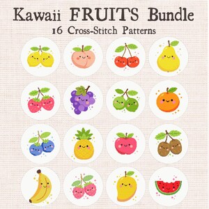 May include: A collection of 16 cross-stitch patterns featuring kawaii fruit designs. Each pattern is a circle with a different fruit, including cherries, a peach, grapes, and a pineapple, all with smiling faces.