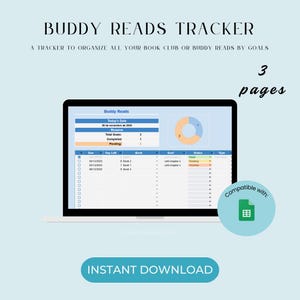 以下が含まれることがあります： ノートパソコンの画面に「Buddy Reads Tracker」のスプレッドシートが表示されています。画面には、ブッククラブの進捗状況を追跡するためのデータフィールドが表示され、青とオレンジの配色になっています。「3ページ」と「インスタントダウンロード」という文字が含まれています。
