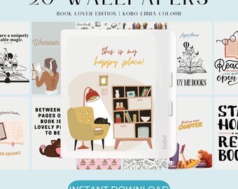 Puede incluir: Un conjunto de 20 fondos de pantalla digitales para el lector electrónico Kobo Libra. Los fondos de pantalla presentan ilustraciones de libros, lectura y rincones de lectura acogedores. El texto "This is my happy place!" aparece en uno de los fondos de pantalla.