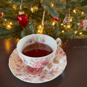 Johnson Bros Rose Chintz Teacup with Fake Tea: Elizabeth Pink Prop