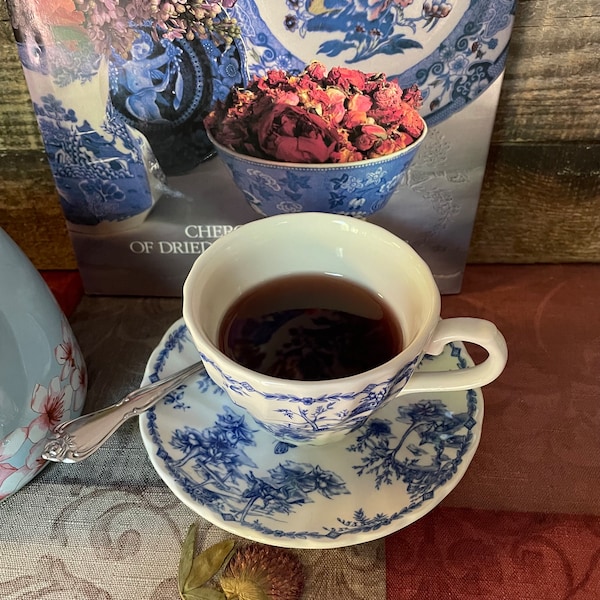 Cup of Black Tea in a Chelsea Toile Blue White Teacup Fake Photo Prop Staging