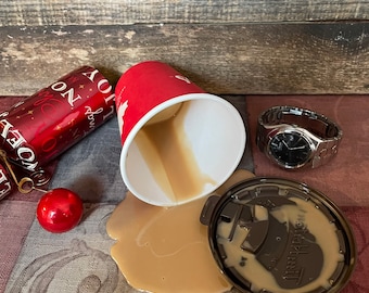 Spilled Cup of Timmys Coffee With Cream: Fake Food Photo Prop
