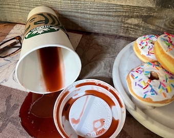 Spilled Black Coffee Starbucks Cup Fake Prop Gag