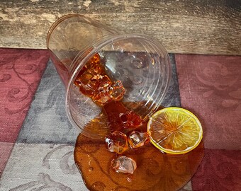 Spilled Iced Tea with Lemon Slice Fake Food Drink Photo Staging Prop