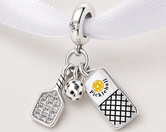 Pickleball Dangle Fits Pandora Charm Bracelet, 925 Silver Paddle Sparkling Ball Sport Athlete Gift