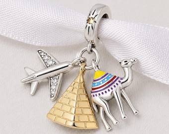 Egypt Bead Fits Pandora Charm Bracelet, Silver Dangle Pyramid Camel Airplane, Cairo Travel Gift