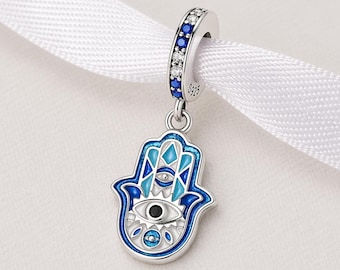 Blue Hamsa Hand Bead Fits Pandora Charm Bracelet, Silver Evil Eye Protection Spiritual Gift
