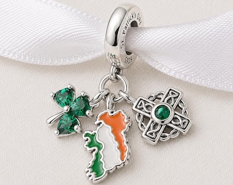 Ireland Bead Fits Pandora Charm Bracelet, St Patrick's Day Shamrock Celtic Cross, Irish Dangle