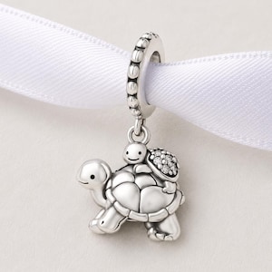 Tortoise Mom Baby Bead Fits Pandora Charm Bracelet, Shell Turtle Dangle, Silver Family Gift