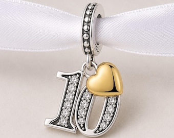 10th Anniversary Bead Fits Pandora Charm Bracelet, Number Ten Gold Heart Dangle, Birthday Gift
