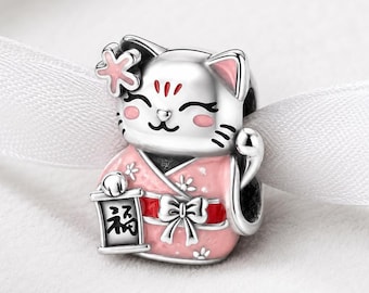 Lucky Cat Bead Fits Pandora Charm Bracelet, Sterling Silver Maneki Neko Japanese Fortune Gift