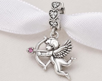 Cupid Bow & Arrow Bead Fits Pandora Charm Bracelet, Silver Pink Heart Love Valentine's Gift