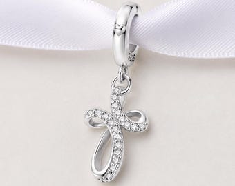 Silver Infinite Cross Dangle Fits Pandora Charm Bracelet, Religious Pavé Infinity Faith Jewelry Gift