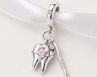 Dentist Tooth Dangle Fits Pandora Charm Bracelet, Silver Pink Heart Crystal Jewelry, Hygienist Gift