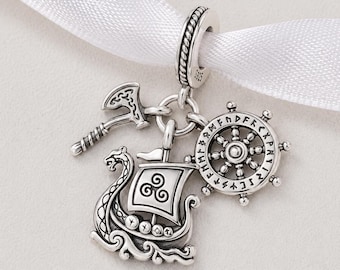 Norway Bead Fits Pandora Charm Bracelet, Viking Voyage Axe & Longship, Silver Scandi Mythology Gift