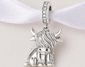 Colgante de Escocia compatible con pulseras Pandora Charm, vaca de las Tierras Altas de plata, regalo de animal de granja Hielan Coo
