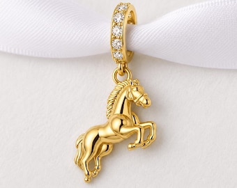 Gold Horse Dangle Bead Fits Pandora Charm Bracelet, Silver Equestrian Animal Stallion Jewelry Gift