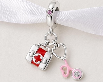 Mnemonic Charm CPR 7月9日18時まで Medical Nurse Dangle Fits Pandora Charm Bracelet, Silver Red First