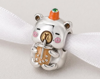 Capybara Boba Bead Fits Pandora Charm Bracelet, Silver Bubble Tea Animal Jewelry Gift