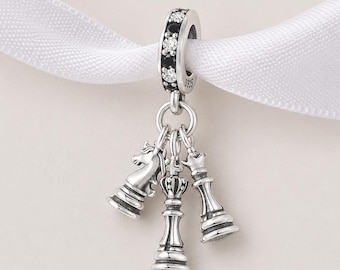 Chess Piece Bead Fits Pandora Charm Bracelet, Silver Trio Knight Queen King Gamer Gift