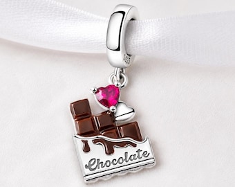 Chocolate Bar Bead Fits Pandora Charm Bracelet, Silver Sweet Food Dangle, Pink Heart Jewelry