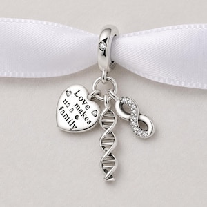 DNA Family Heart Bead Fits Pandora Charm Bracelet, Silver Infinity Symbol Dangle Jewelry Gift