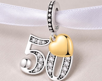50th Anniversary Bead Fits Pandora Charm Bracelet, Silver Number Fifty Dangle, Birthday Gift