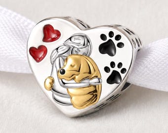 Girl Hugging Dog Heart Bead Fits Pandora Charm Bracelet, Silver
