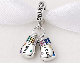 Guantes de boxeo con cuentas compatibles con pulseras Pandora, joyería motivacional de plata para luchadores, regalo de cristal arcoíris