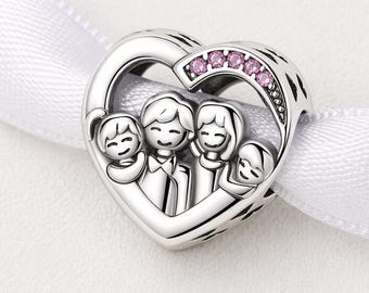 Family Heart Bead Fits Pandora Charm Bracelet, Silver Pink Crystal Jewelry, Motherhood Love Gift